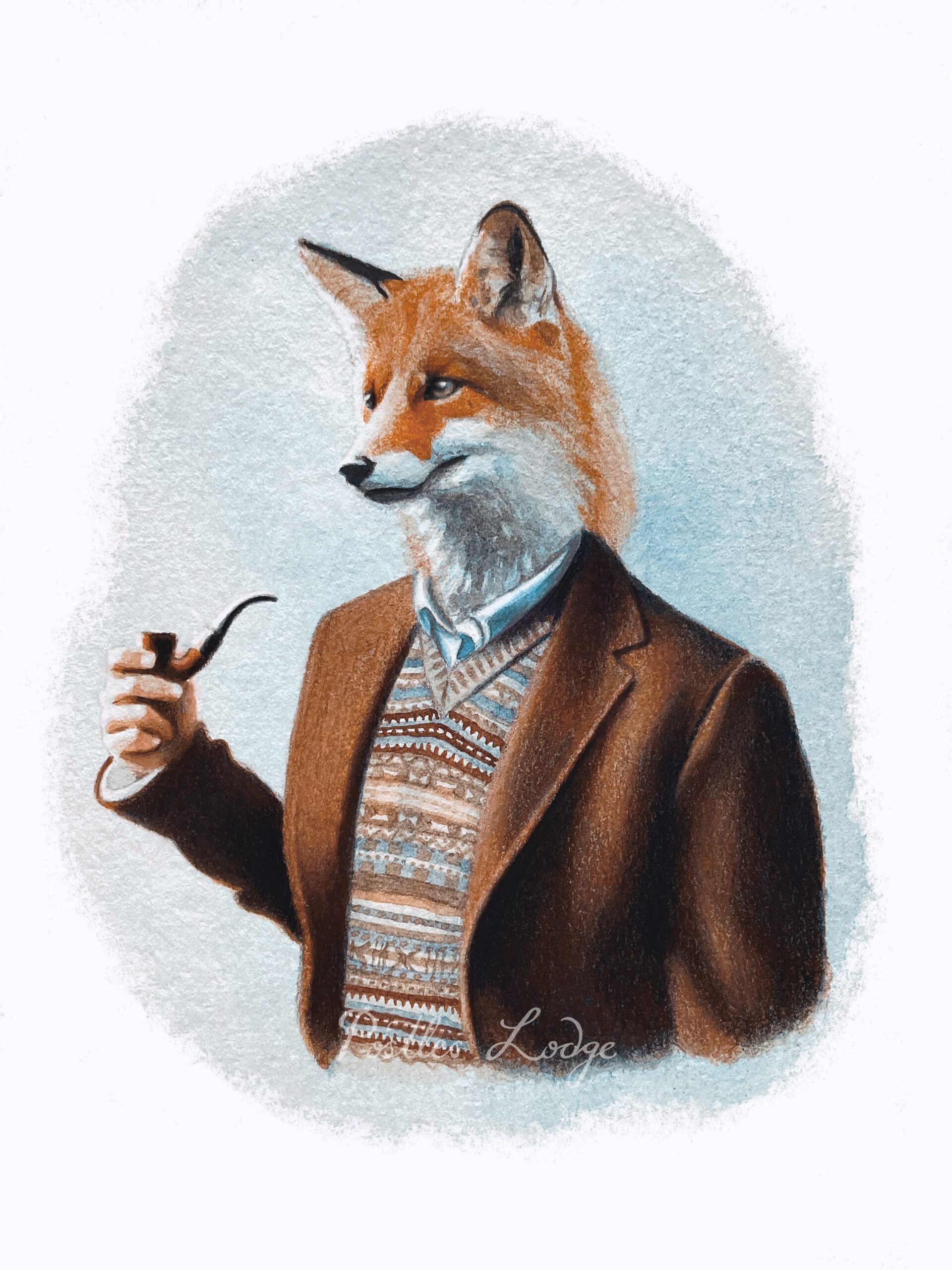 A watercolour illustration of Forrest the Fox in a tweed jacket and Fair Isle jumper